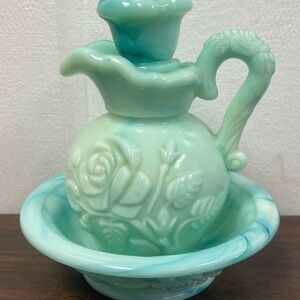 Avon Mint Green Embossed Rose Pitcher and Basin